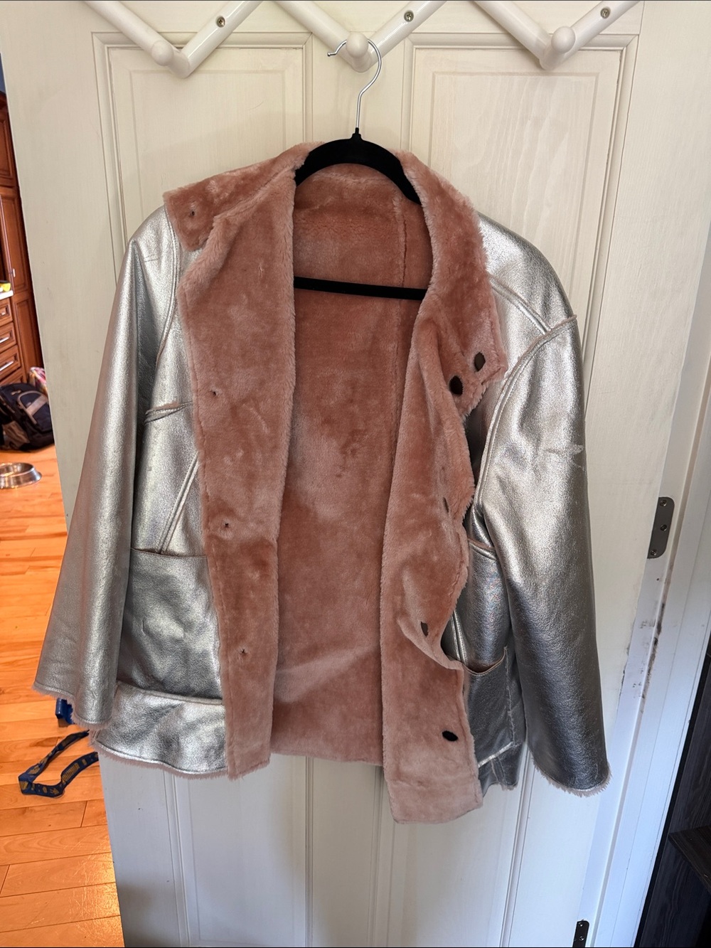 Opening Ceremony Silver Metallic Jacket with Blush Pink Shearling